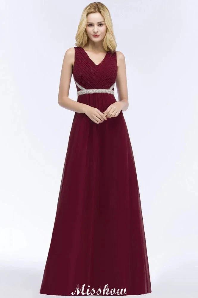 V-neck Ruffled Floor-Length Beading Bridesmaid Dresses A-line Chiffon with Sash by misshow.com