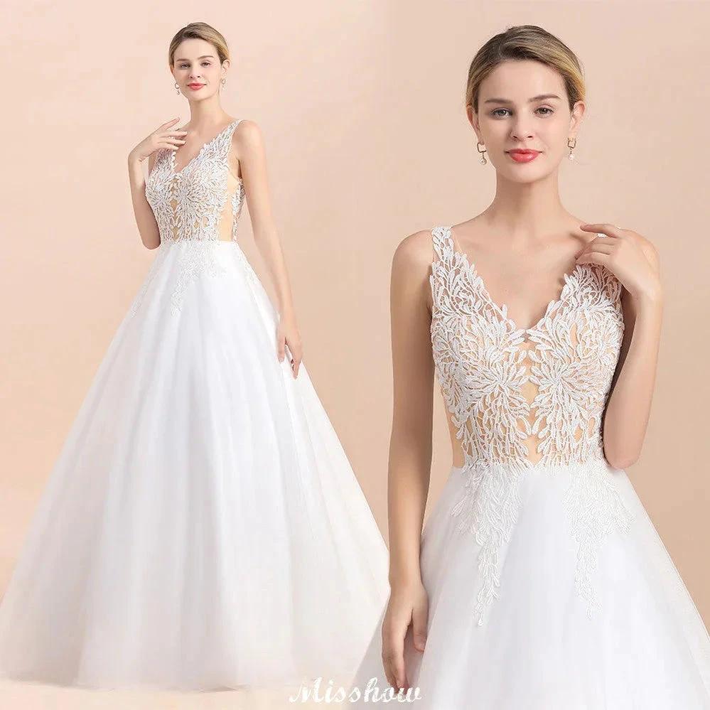 V-Neck See-through Lace Aline Wedding Dress Floor length Princess Bridal Gown by misshow.com