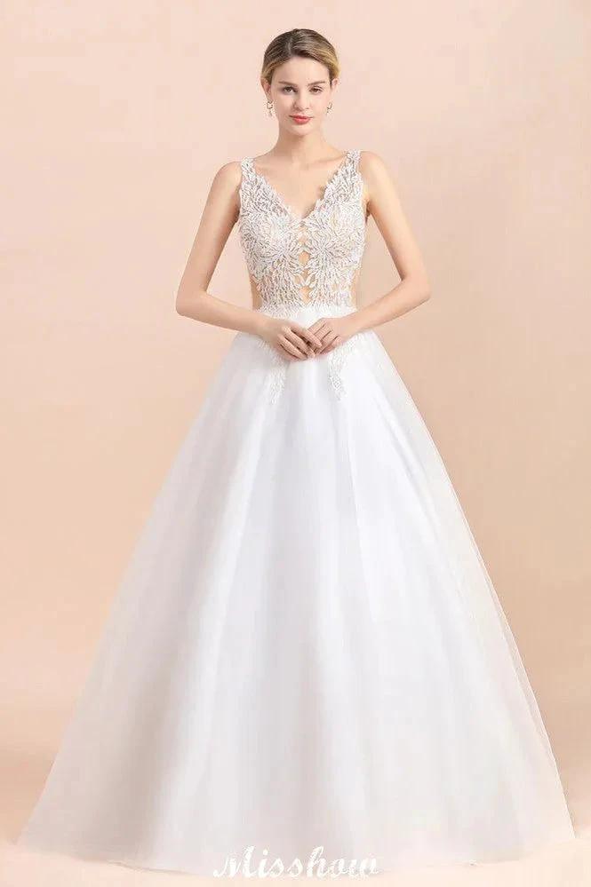 V-Neck See-through Lace Aline Wedding Dress Floor length Princess Bridal Gown (ZD13966)