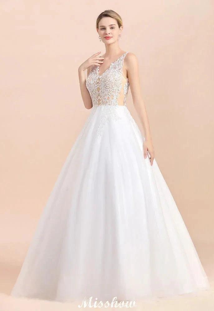 V-Neck See-through Lace Aline Wedding Dress Floor length Princess Bridal Gown (ZD13966)