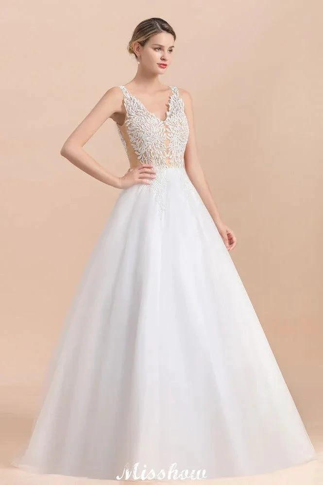 V-Neck See-through Lace Aline Wedding Dress Floor length Princess Bridal Gown (ZD13966)