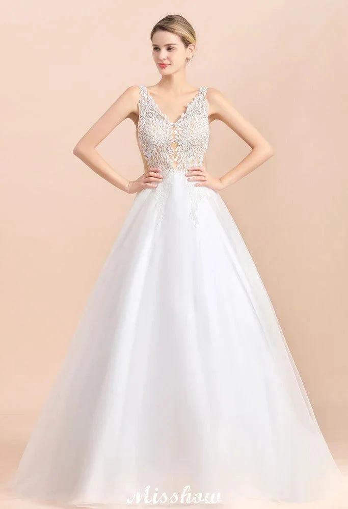 V-Neck See-through Lace Aline Wedding Dress Floor length Princess Bridal Gown (ZD13966)