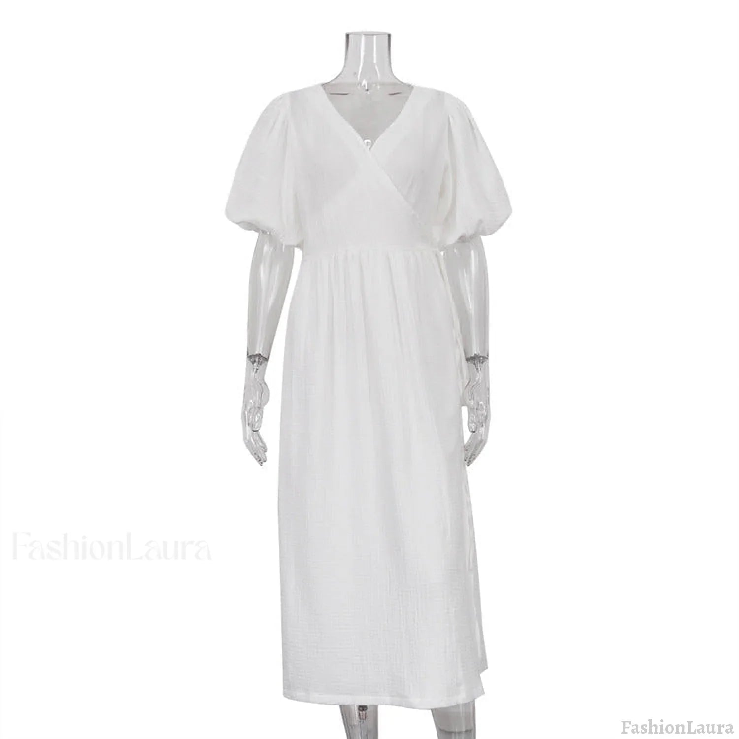 V neck Short Sleeve Lace up Dress French Office Solid Color Dress S / White