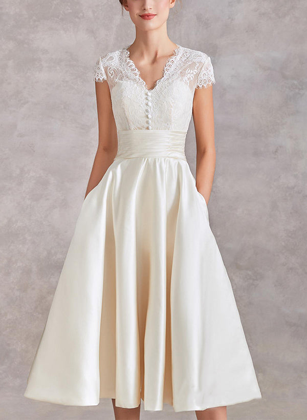 V-Neck Short Sleeves Tea-Length Satin Wedding Dresses Lace