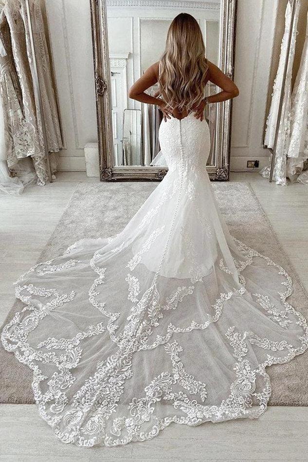 V-neck Sleeveless Appliques Lace Mermaid Floor-length Wedding Dresses (ZD16507)