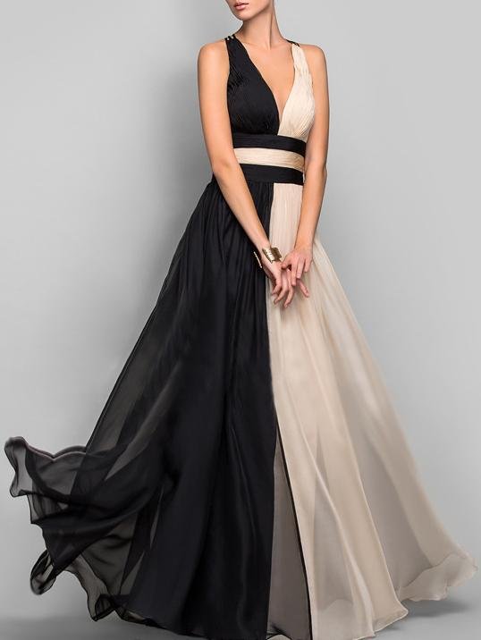V neck Sleeveless Color Block Dress