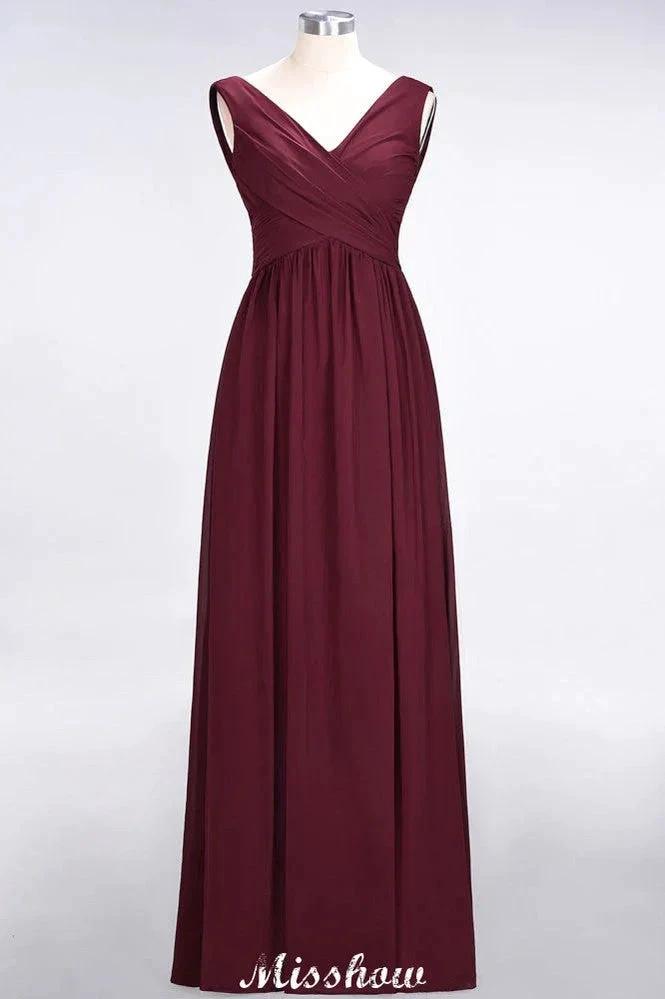 V-Neck Sleeveless Floor-Length Bridesmaid Dress Aline Ruffles Chiffon Party Gown by misshow.com