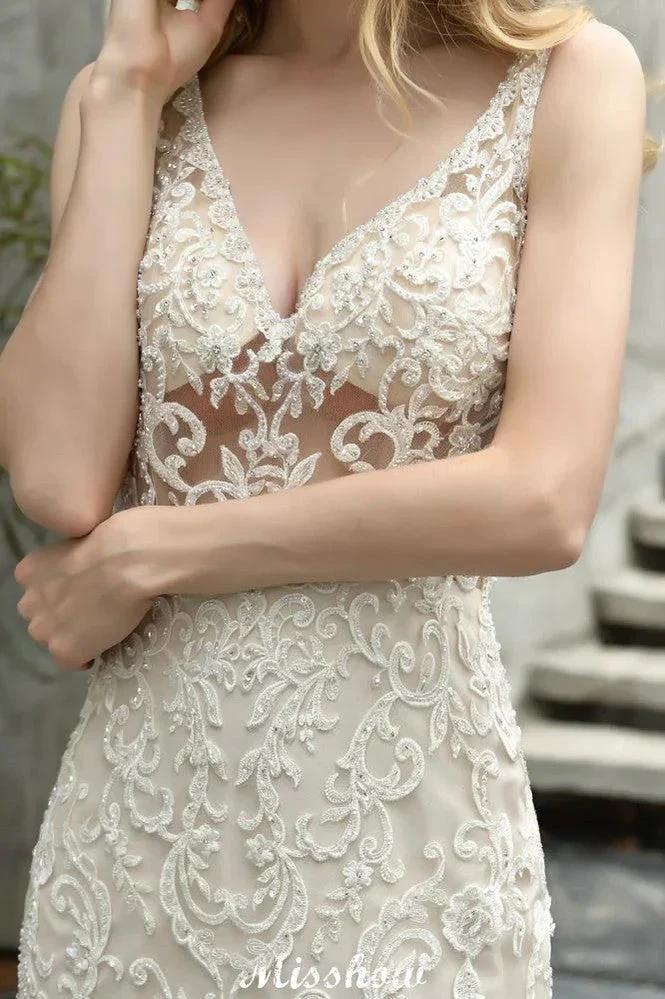 V-Neck Sleeveless Floral Lace Mermaid Bridal Gown Garden Puffy Tulle Slim Wedding Dress (ZD13964)