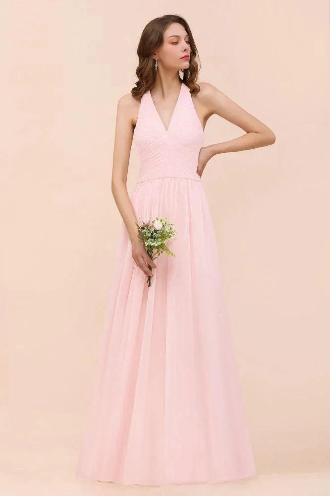 V-Neck Sleeveless Maxi Bridesmaid Dress Pink Chiffon Beach Wedding Dress (ZD12966)