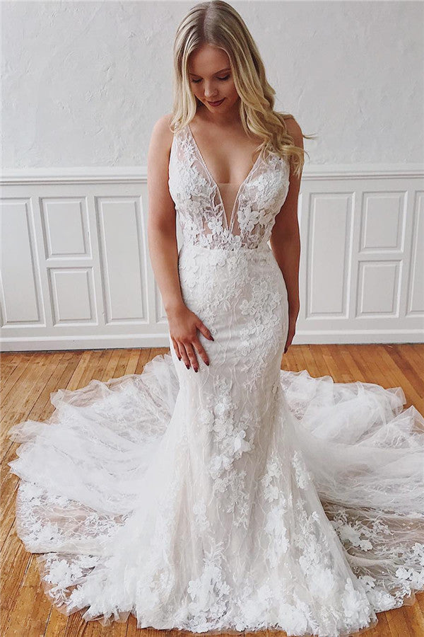 V-Neck Sleeveless Mermaid Wedding Dress With Appliques Detachable Skirt (ZD17529)