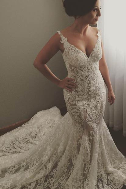V neck Sleeveless Mermaid Wedding Dresses Modern Lace Appliques Bridal Gown