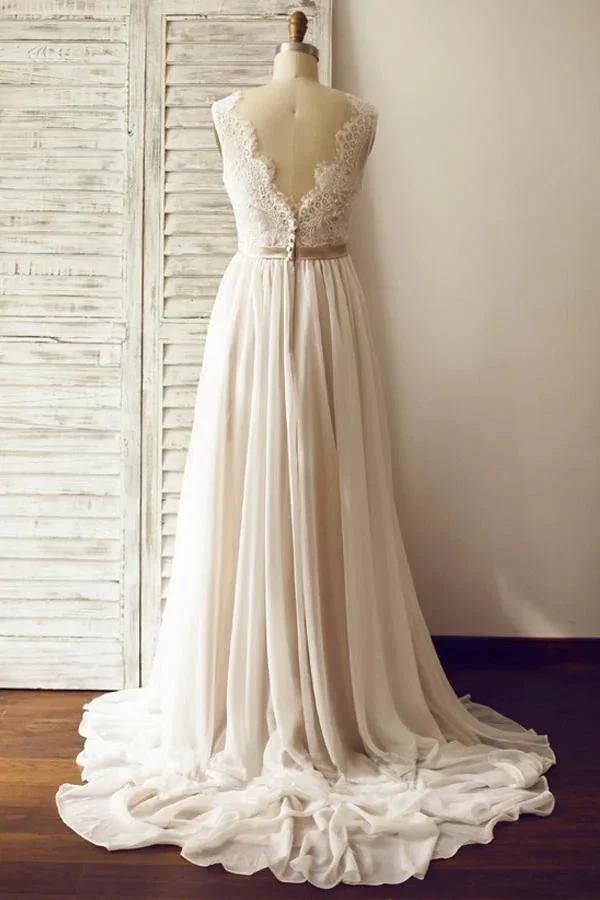 V-neck Sleeveless Open Back Wedding Dress with Lace Sash (ZD16284)