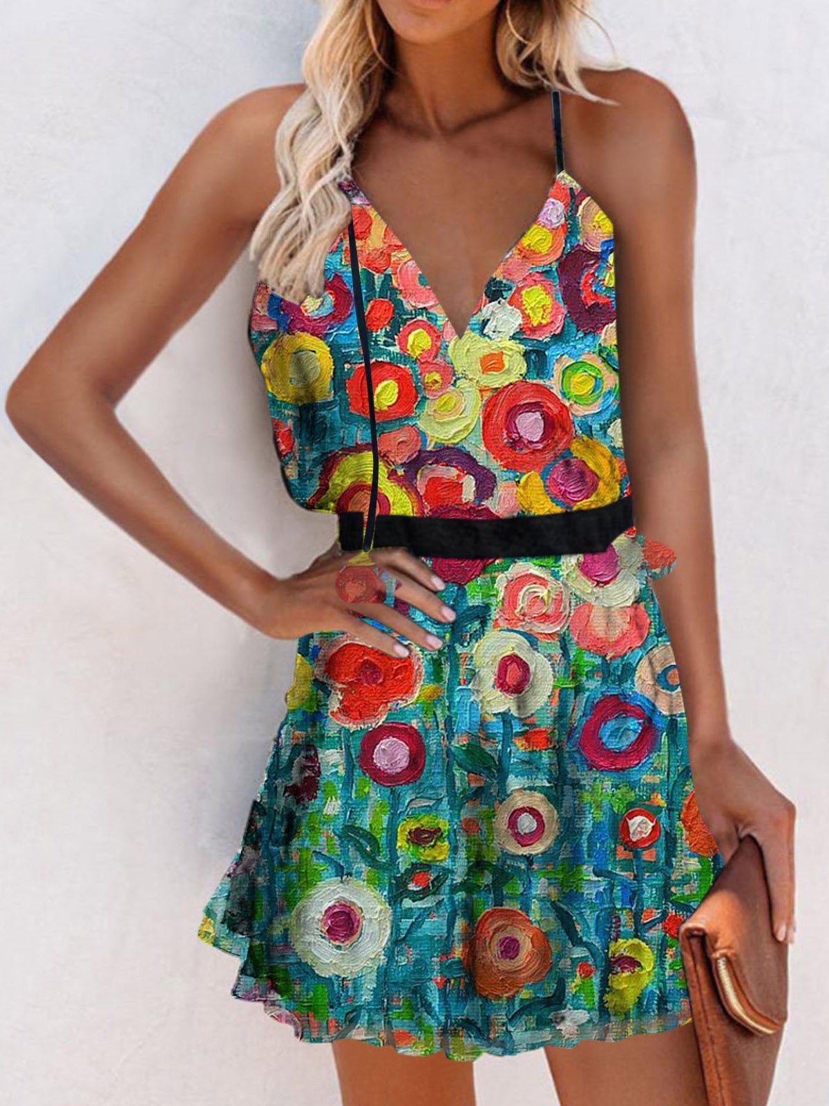 V Neck Sleeveless Print Suspender Dress