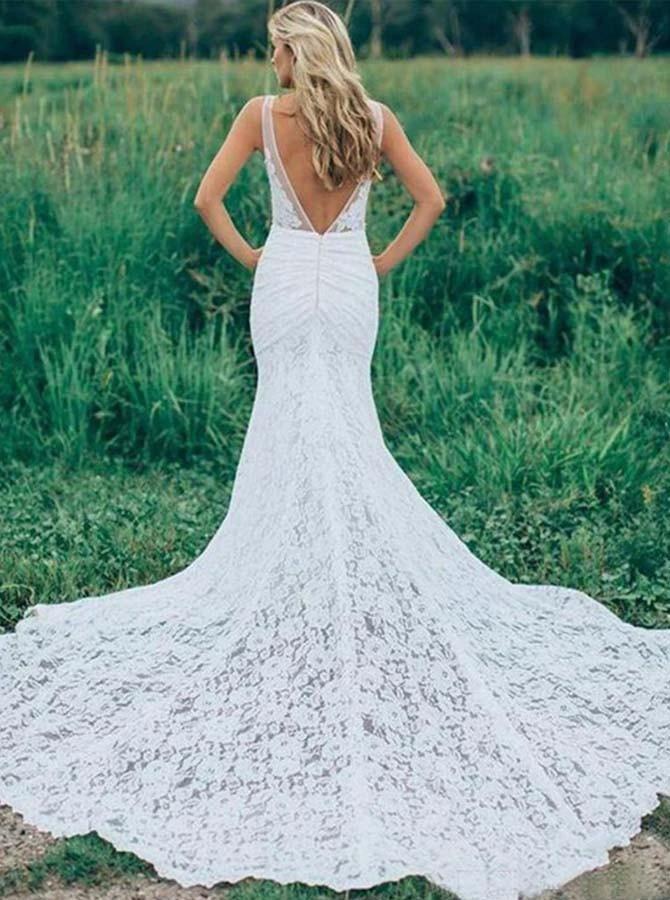 V-Neck Sleeveless Ruched Backless Lace Wedding Dress With Court Train (ZD16037)