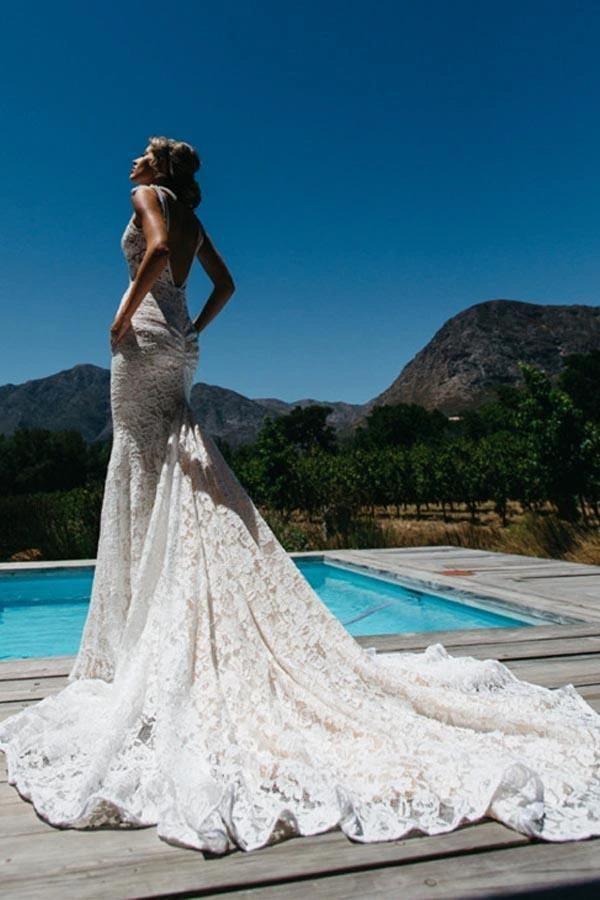 V-Neck Sleeveless Ruched Backless Lace Wedding Dress With Court Train (ZD16037)