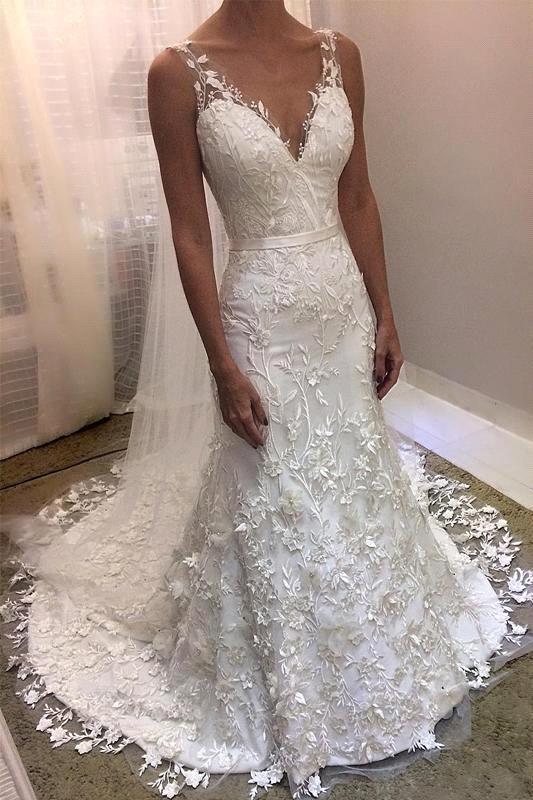 V-Neck sleevless Mermaid White Wedding Dress with Court Train