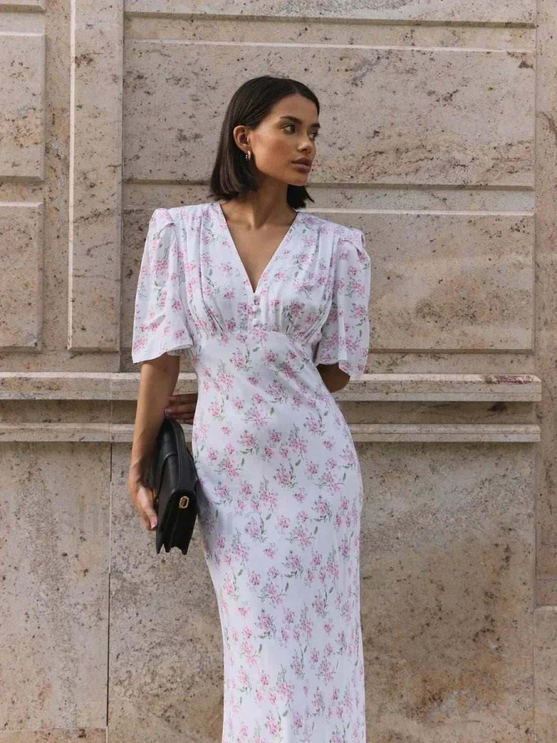 V Neck Slim Fit Floral Dress WHITE / S