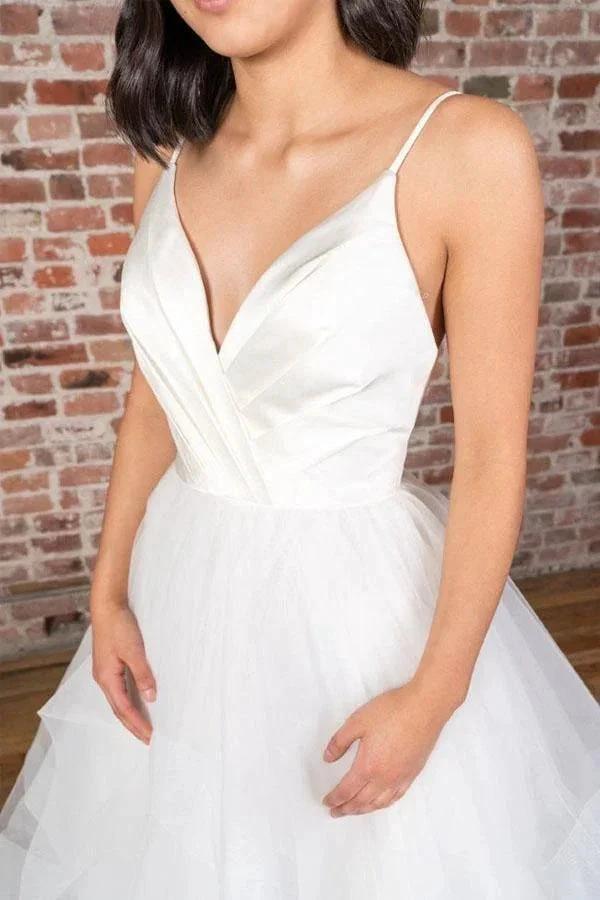 V-neck Straps Floor Length White Satin Wedding Dress with Ruffless (ZD15329)