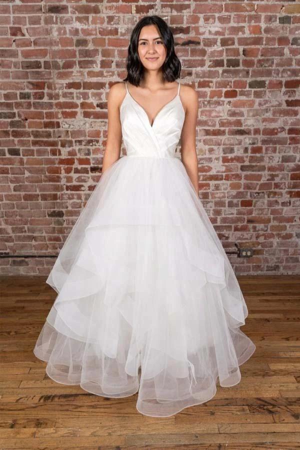 V-neck Straps Floor Length White Satin Wedding Dress with Ruffless (ZD15329)