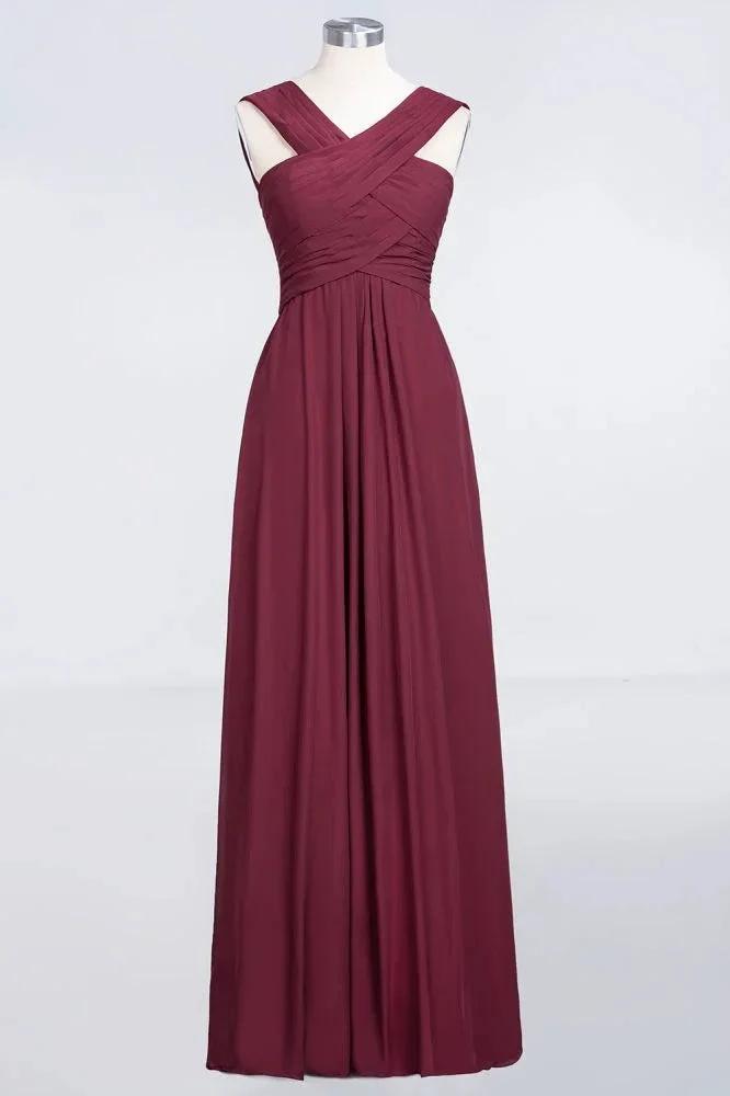V-Neck Straps Sleeveless Floor-Length Bridesmaid Dress with Ruffles by misshow.com
