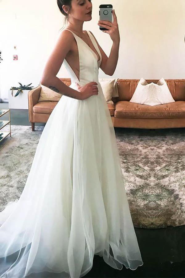 V-neck Straps Sweep-Train Sleeveless Ivory A-line Wedding Dress (ZD16372)