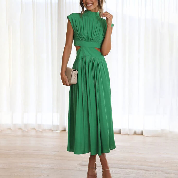 Paula Minimalist High Neck Pleated Dress Designer Edit