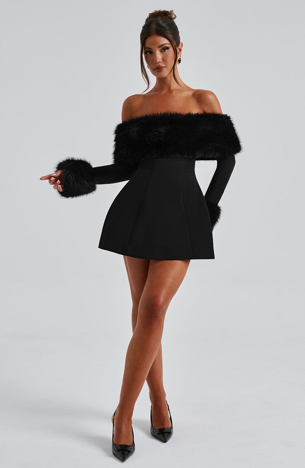 Rory Off Shoulder Fur Sleeve Mini Dress