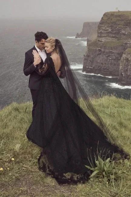 Vintage A-Line Black V-neck Wedding Dresses With Long Sleeves (ZD14493)