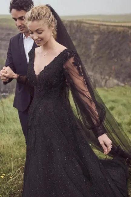 Vintage A-Line Black V-neck Wedding Dresses With Long Sleeves (ZD14493)