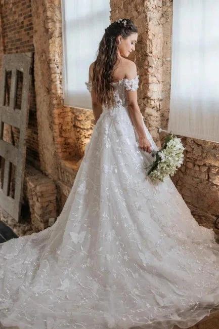 Vintage A-Line Lace Off-The-Shoulder Sleeveless White Wedding Dresses With Appliques (ZD16634)