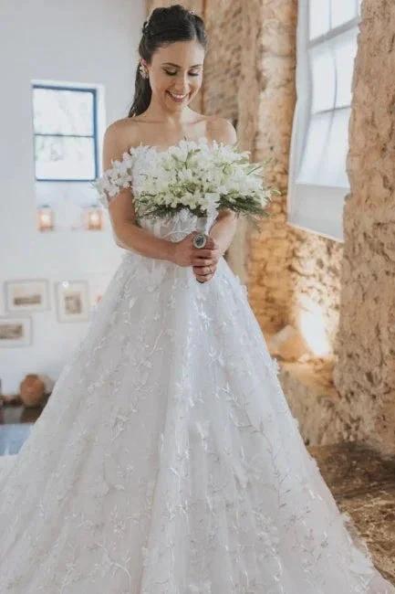 Vintage A-Line Lace Off-The-Shoulder Sleeveless White Wedding Dresses With Appliques (ZD16634)