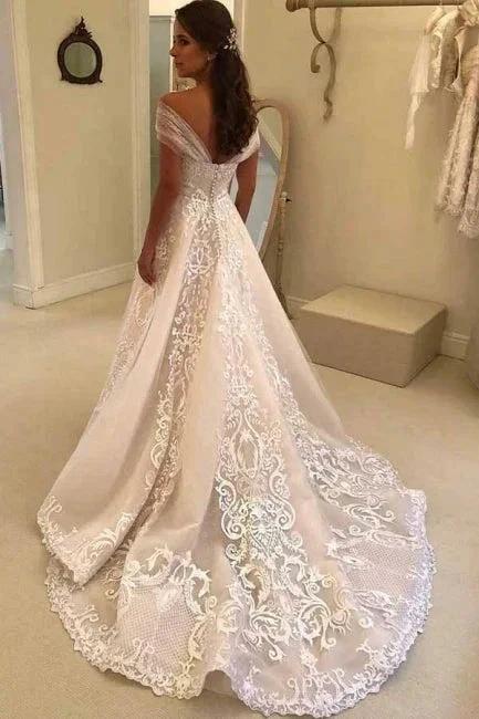 Vintage A-Line Off-the-shoulder Sweep Trian Wedding Dress With Lace (ZD14600)