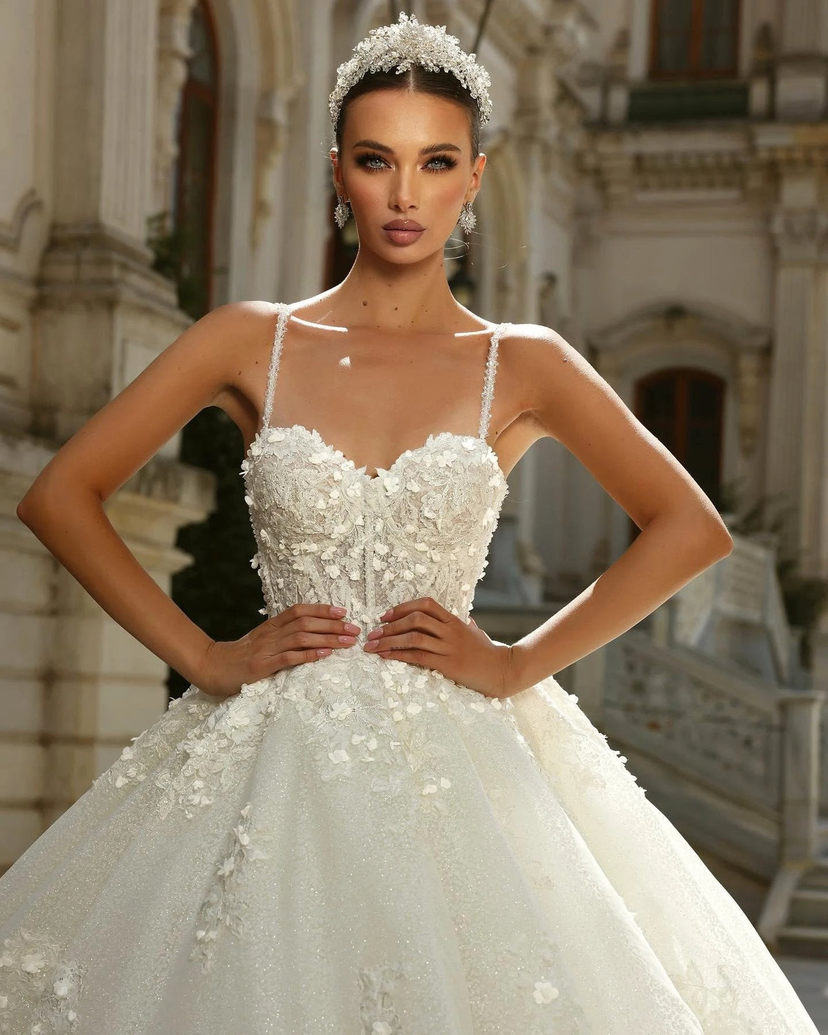 Vintage Ball Gown Lace Spaghetti Straps Sleeveless White Wedding Dress With Appliques Train (ZD16477) - View 3 | VelvetHem