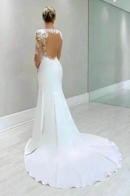 Vintage Column Satin Lace Long Sleeve White Wedding Dress With Appliques (ZD16648) - View 2 | VelvetHem