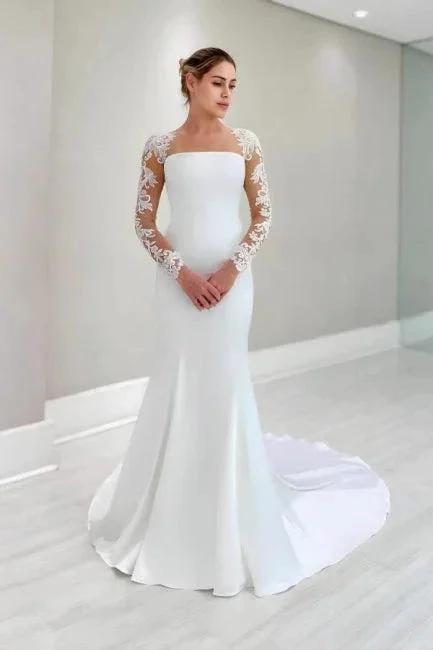 Vintage Column Satin Lace Long Sleeve White Wedding Dress With Appliques (ZD16648) - VelvetHem