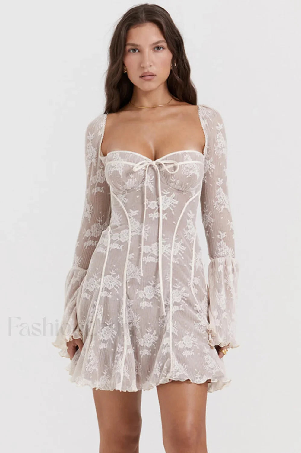 Vintage Cream Stylish Lace Belted Dress