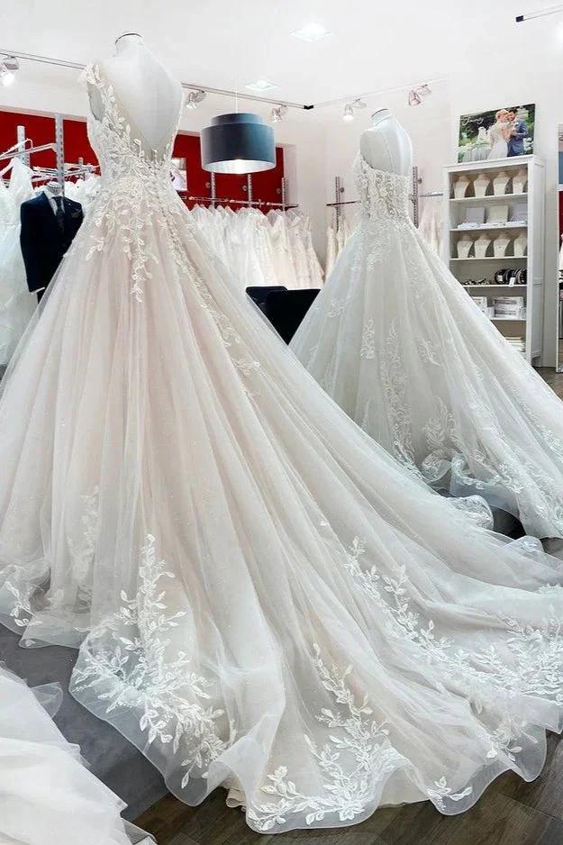 Vintage Long A-line Jewel Tulle Ruffles Wedding Dress with Lace Appliques (ZD15270) - View 4 | VelvetHem