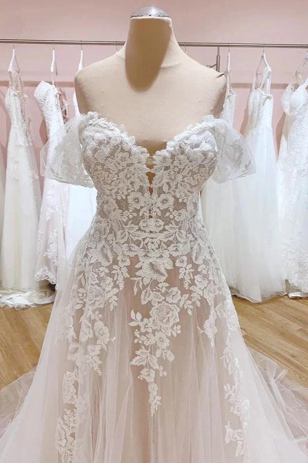 Vintage Long A-Line Off-the-Shoulder Sweetheart Backless Tulle Wedding Dress (ZD15236)