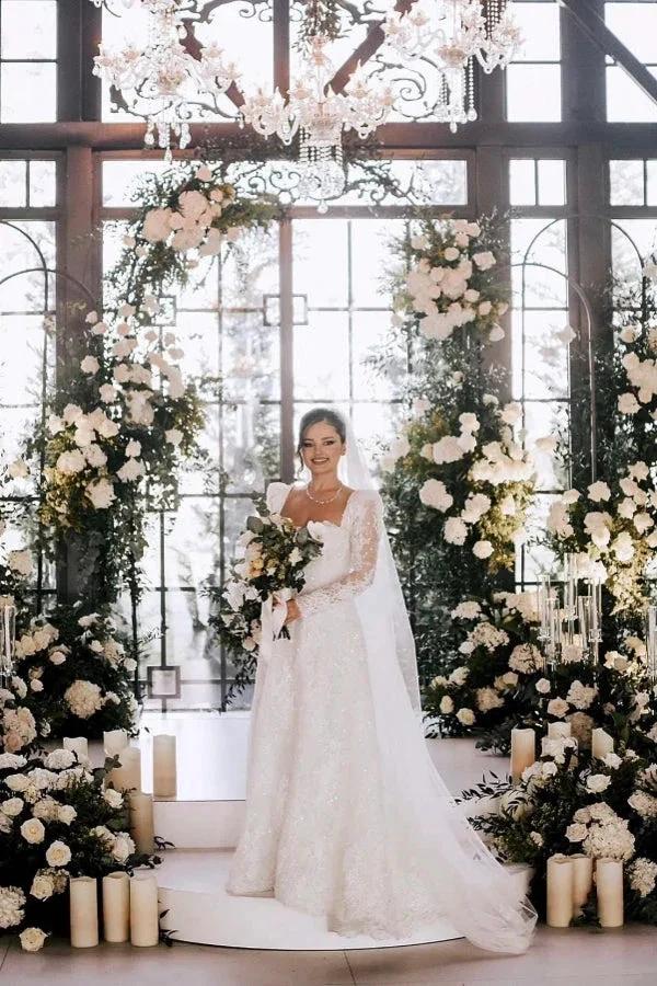 Vintage Long A-line Square Neck Lace Wedding Dress with Long Sleeves (ZD15507)