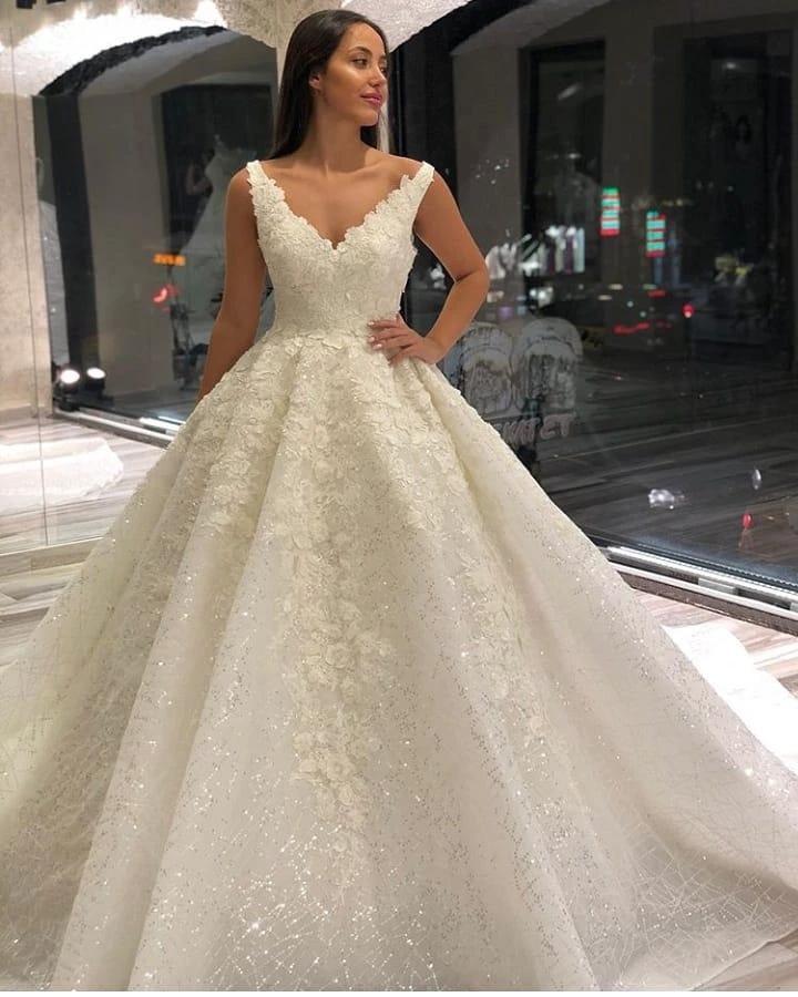Vintage Long A-Line V-neck Appliques Lace Sequins Wedding Dress (ZD15101) - View 2 | VelvetHem