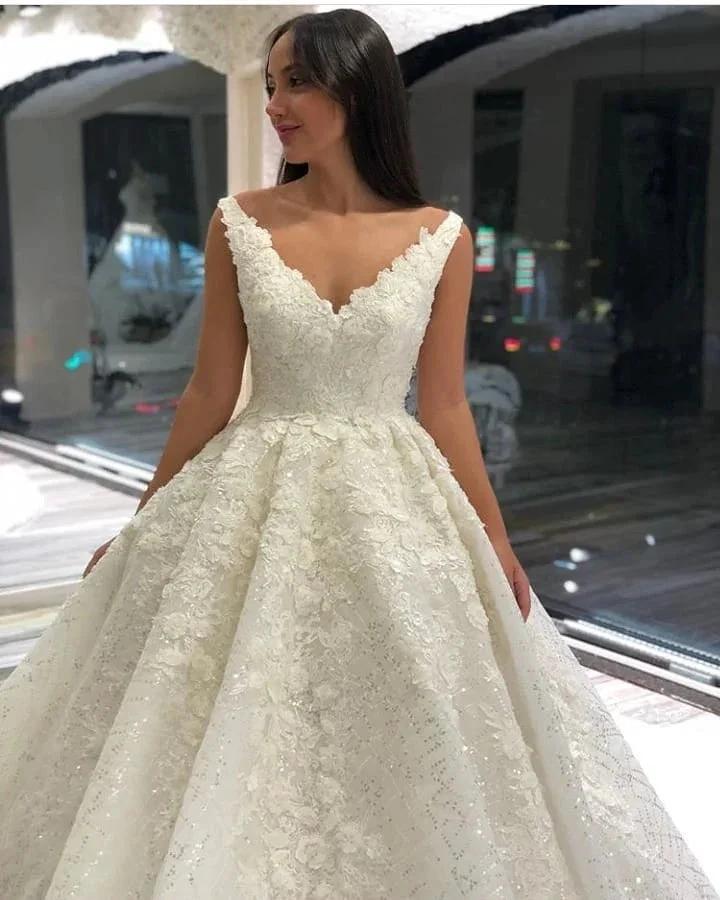 Vintage Long A-Line V-neck Appliques Lace Sequins Wedding Dress (ZD15101)