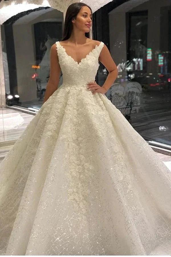 Vintage Long A-Line V-neck Appliques Lace Sequins Wedding Dress (ZD15101)