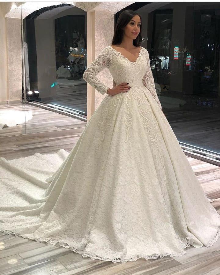 Vintage Long A-line V-neck Appliques Lace Wedding Dress with Sleeves (ZD15103)