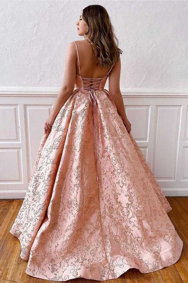 Vintage Long A-line V-neck Spaghetti Straps Satin Backless Prom Dress - View 3 | VelvetHem