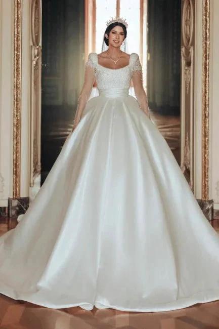 Vintage Long Ivory A-line Square Neck Satin Glitter Wedding Dress with Long Sleeves (ZD16623)