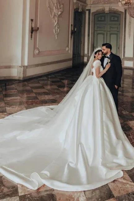 Vintage Long Ivory A-line Square Neck Satin Glitter Wedding Dress with Long Sleeves (ZD16623)