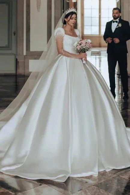Vintage Long Ivory A-line Square Neck Satin Glitter Wedding Dress with Long Sleeves (ZD16623)