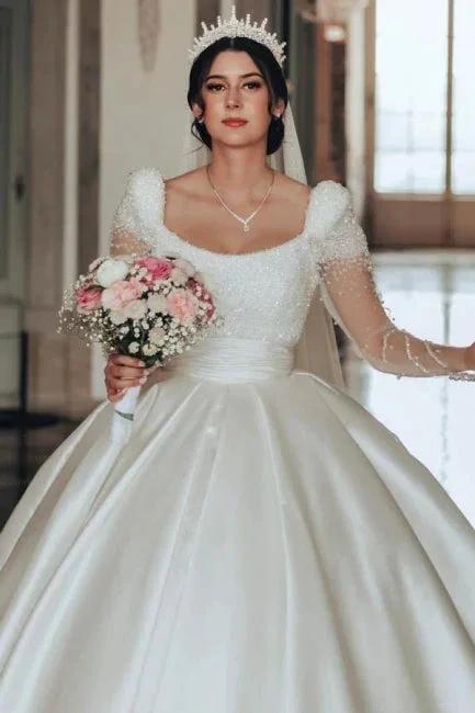 Vintage Long Ivory A-line Square Neck Satin Glitter Wedding Dress with Long Sleeves (ZD16623)
