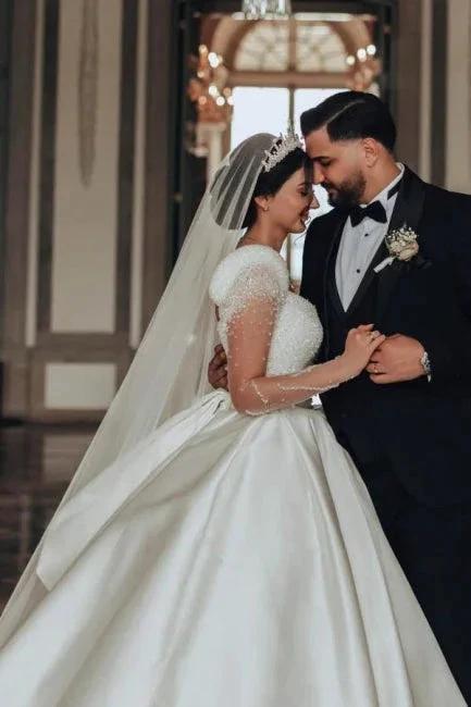 Vintage Long Ivory A-line Square Neck Satin Glitter Wedding Dress with Long Sleeves (ZD16623)