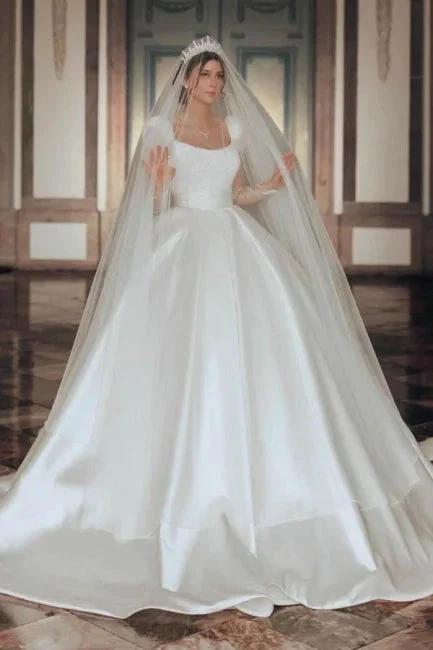 Vintage Long Ivory A-line Square Neck Satin Glitter Wedding Dress with Long Sleeves (ZD16623)